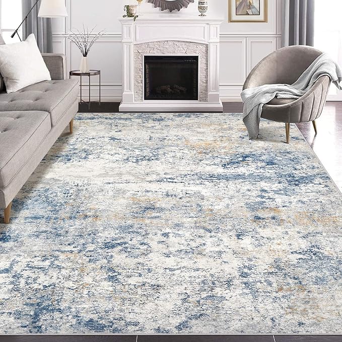 Area Rug Living Room Rugs - 10x12 Abstract Large Soft Indoor Washable Rug Neutral Modern Low Pile Carpet for Bedroom Dining Room Farmhouse Home Office - Blue