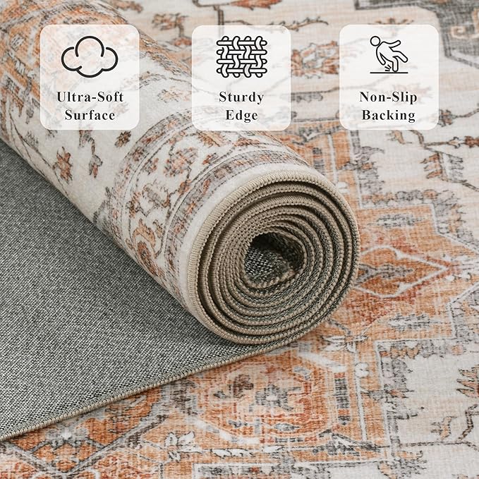 5x7 Area Rugs for Living Room Ultra-Soft Washable Rug Vintage Distressed Boho Area Rug, Non-Slip Retro Print Low Pile Stain Resistant Carpet for Bedroom Dining Room Kitchen Office