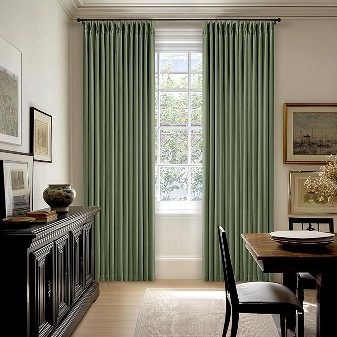 120 Inch Pinch Pleat Drapes Olive Green Room Darkening Curtains 120 Inches Long for Bedroom Rustic Cottagecore 100% Blackout Thick Linen Double Layer Pleated Curtain 2 Panels Set Loden Green Decor