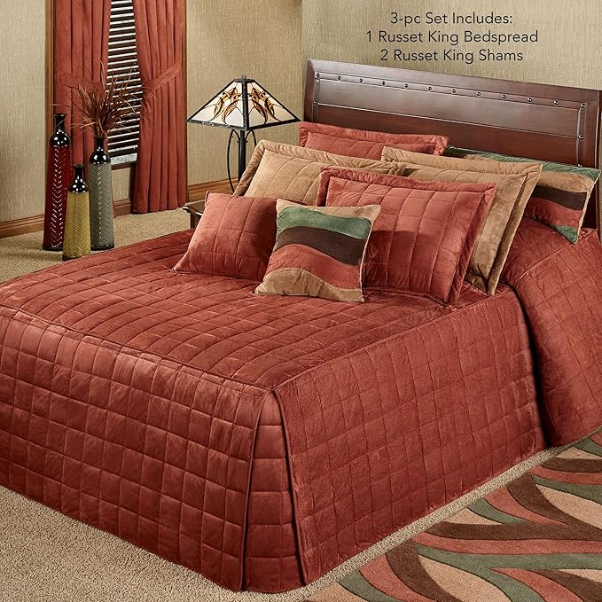 Touch of Class Camden Luxury Bedding | Warm Russet Color | Grande Fitted Bedspread | Faux Suede Box Quilted Design | Designed 3 Piece Set Includes King Bedspread and 2 King Shams