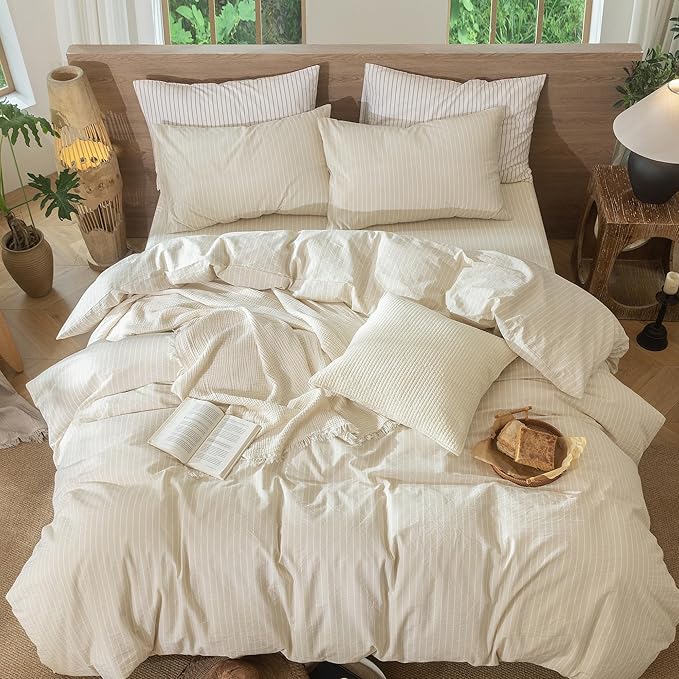 MooMee Striped Duvet Cover Set 100% Washed Cotton Linen Like Textured Breathable Durable Soft Comfy (Almond Milk Grey White Wide Stripes, Super King Plus 120"x120")