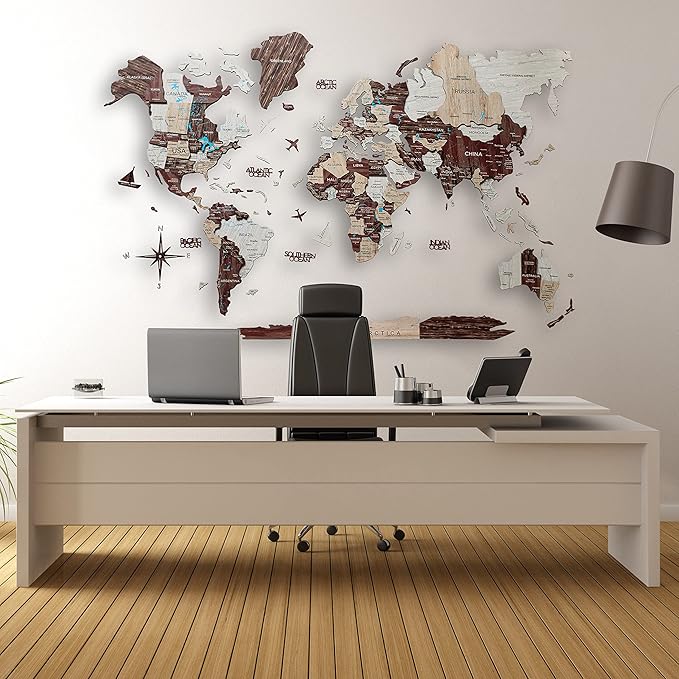 Handmade 3D Wood World Map Wall Art Large Wall Decor Track Your World Travels - Special for Home, Kitchen and Office (Large, Cappuccino)