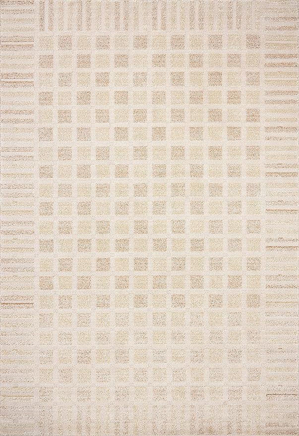 Loloi Chris Loves Julia Calvin Collection CLV-03 Bone/Natural 7'-10" x 7'-10" Round Area Rug Checkered Neutral Soft Living Room Bedroom Carpet