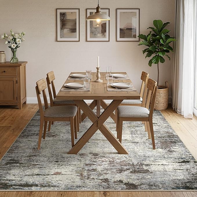 Area Rug Living Room Rugs - 10x14 Washable Large Soft Indoor Neutral Modern Abstract Low Pile Rug Carpet for Bedroom Dining Room Farmhouse Home Office - Brown Rust