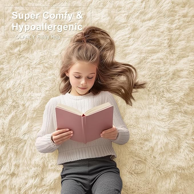 OLANLY 3x5 Machine Washable Small Bedside Rug, Soft Fluffy Shaggy Rugs for Living Room, Bedroom, Indoor Floor Carpet for Kids Girls and Boys, Preppy Dorms, Nursery, Home Decor Aesthetic, Cream