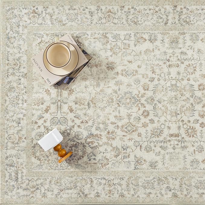 3x5 Taupe Area Rug Non Slip Vintage Office Entryway Rug Distressed Machine Washable Kitchen Carpet Traditional Retro Floral Accent Throw Door Mat for Bedroom Bathroom Dining Living Room