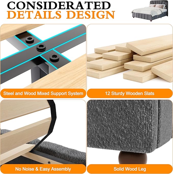 Full Size Boucle Bed Frame Upholstered Bed Frame Full with Adjustable Headboard, Solid Wood Slats Support, Bed for Bedroom Apartment, Dorm, No Box Spring Needed, Easy Assembly, Noise-Free, Grey