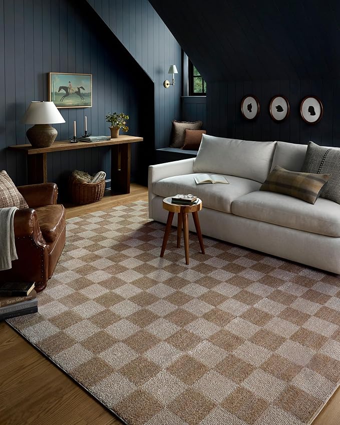 Loloi Chris Loves Julia Calvin Collection CLV-01 Pebble/Ivory 9'-6" x 12'-6" Area Rug Checkered Neutral Soft Living Room Bedroom Carpet