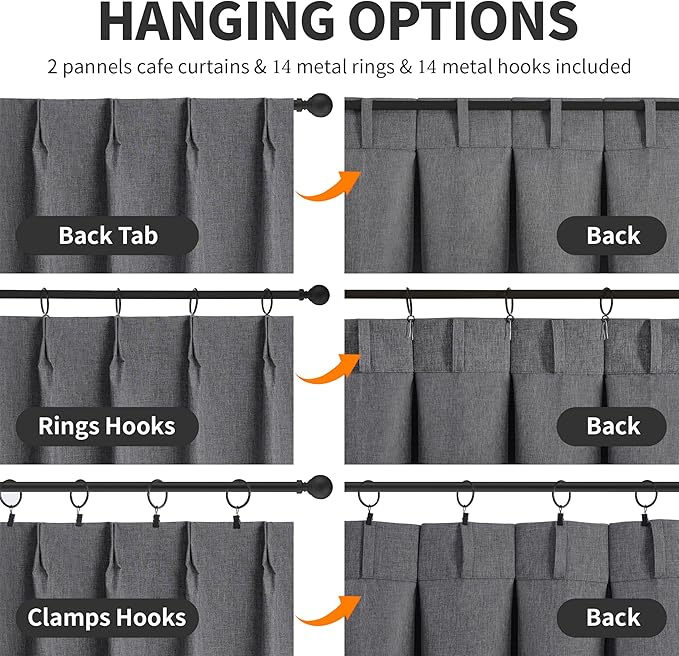 WdFour 42" W x 45" L Inch Pinch Pleated Blackout Cafe Curtains - Pack of 2, 100% Light Blocking Back Tab Drapes for Half Windows, Kitchen & Bathroom Short Curtains in(Dark Gray,Pack of 2)