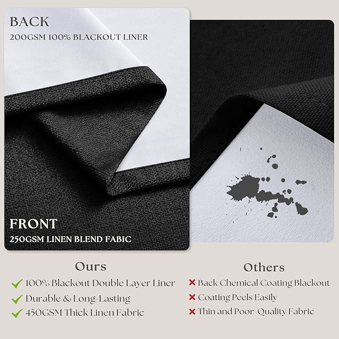 100 Inch Floor Length Linen Blackout Curtains for Bedroom Pinch Pleated Full Black Out Thermal Insulated Window Drapes Light Blocking Double Layer Soundproof 100 Inch Black Curtain 2 Panels Set