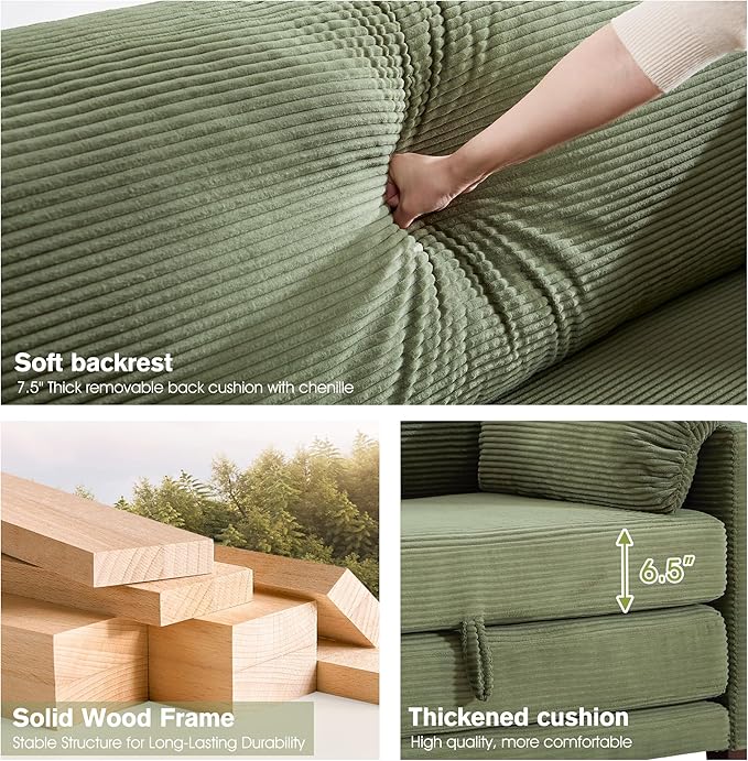 65" Loveseat Sleeper Sofa Bed, Corduroy Convertible Sofa Bed for Small Spaces, Folding Couch Bed with Deep Seat, 2 Pillows & Solid Frame, Pull Out Floor Couches for Living Room, Green