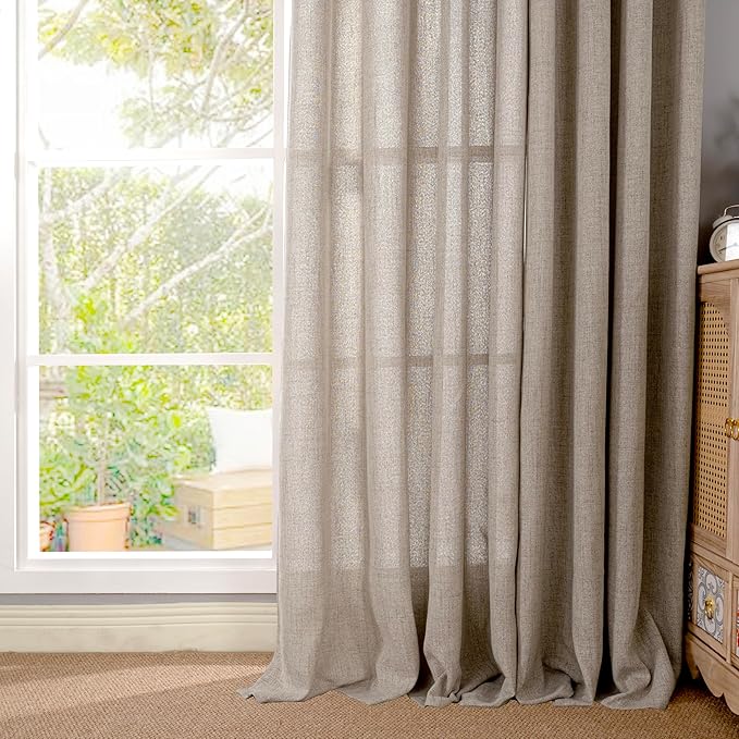 YoungsTex 95 lnch Long Oatmeal Linen Curtains 2 Panels for Living Room, Light Filtering Semi Sheer Window Treatments with Bronze Grommet Floor Length Drapes for Farmhouse Bedroom Dining, 52 X 95 Inch