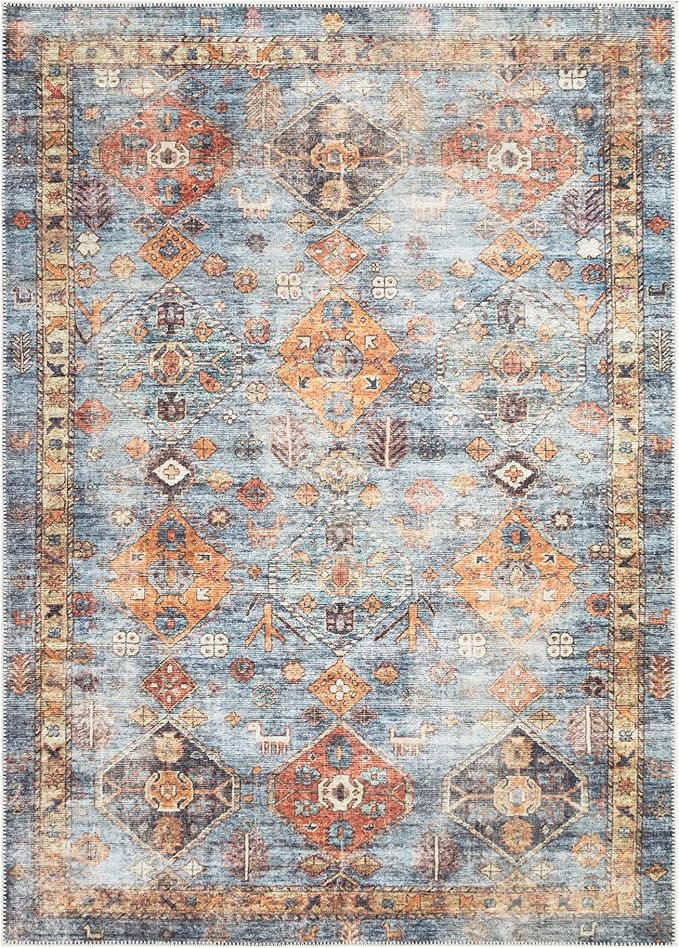 Bloom Rugs Washable Non-Slip 10x14 Rug - Blue/Orange Traditional Bordered Area Rug for Living Room, Bedroom, Dining Room, and Kitchen - Exact Size: 10' x 14'
