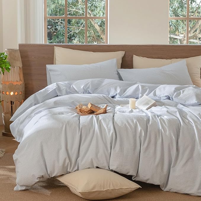 MooMee Striped Duvet Cover Set 100% Washed Cotton Linen Like Textured Breathable Durable Soft Comfy (Cornflower Blue White Pinstripes, Super Queen 90"x98")