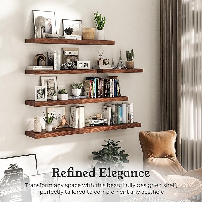 Floating Shelves for Wall, 7.9" Deep Wall Mounted Wood Shelves for Bathroom, Bedroom, Living Room, Kitchen, Hanging Shelf for Books/Storage/Room Decor (Walnut, 16")