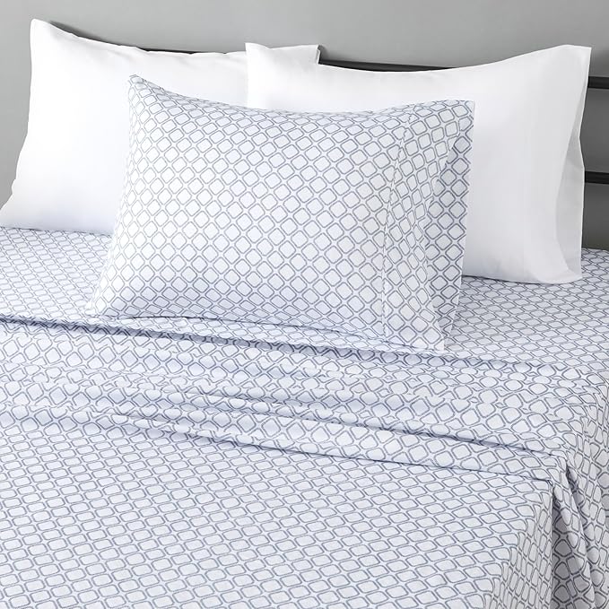 Amazon Basics Lightweight Super Soft Easy Care Wrinkle Free Microfiber 3 Piece Bed Sheet Set with 14-Inch Deep Pockets, Twin, Aqua Squre Grid, Grid, Kids, Men & Women Bedding