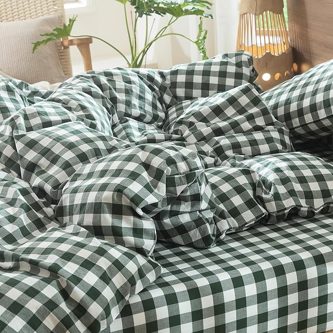 MooMee Gingham Duvet Cover Set 100% Washed Cotton Linen Like Textured Breathable Durable Soft Comfy Modern Checkered Design (Buffalo Plaid Forest Green, Cal King 104"x98")