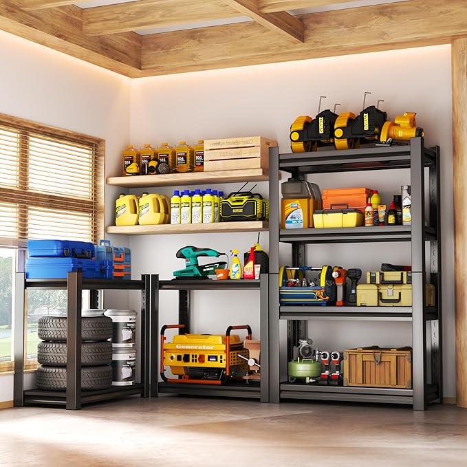 Storage Shelves, Garage Metal Shelving Unit, Adjustable, Double-Layer Column with Reinforced Ribs, Heavy-Duty, Capable of Bearing 600-3600 lbs (Black, 24 * 14 * 54, 4-Tier)