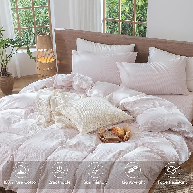 MooMee Striped Duvet Cover Set 100% Washed Cotton Linen Like Textured Breathable Durable Soft Comfy (Heathered Greyish Pink Pinstripes, Queen 90"x90")