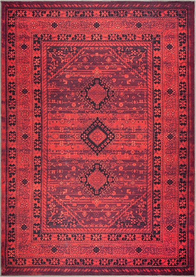 Bloom Rugs Washable Non-Slip 8' x 10' Rug - Red Traditional Bordered Area Rug for Living Room, Bedroom, Dining Room, and Kitchen - Exact Size: 8' x 10'