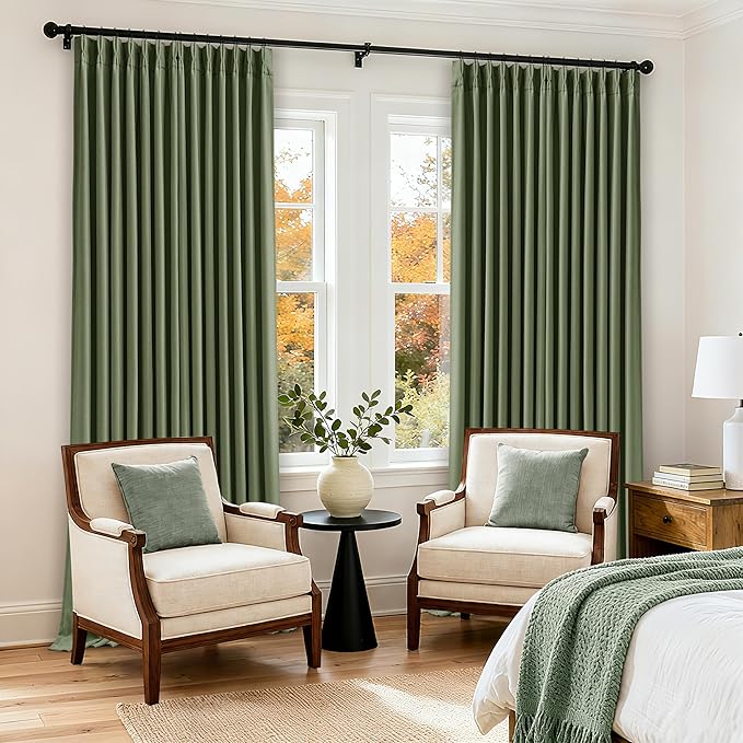 120 Inch Pinch Pleat Drapes Olive Green Room Darkening Curtains 120 Inches Long for Bedroom Rustic Cottagecore 100% Blackout Thick Linen Double Layer Pleated Curtain 2 Panels Set Loden Green Decor