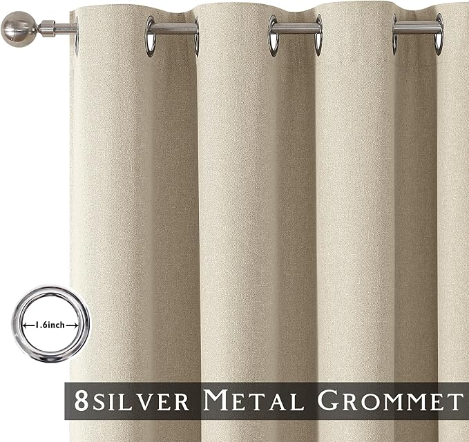 ChrisDowa 100% Blackout Natural Solid Solid Curtains 63 Inches Long 2 Panels for Bedroom Living Room,Farmhouse Room Darkening Thermal Insulated Soundproof Grommet Top Window Treatment Drapes,52x63