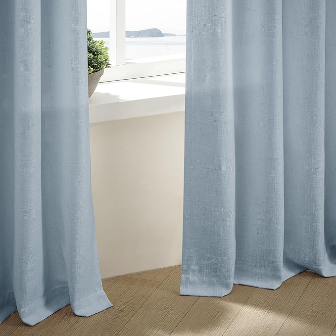 Dusty Blue 80 Inch Pinch Pleated Linen Curtains 2 Panels Set for Living Room Bedroom Boho Farmhouse Light Filtering Semi Sheer Back Tab Pinch Pleat with Hooks Rings Window Curtain 80 Inches Long