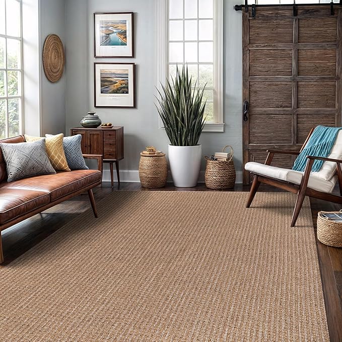 Easy Jute Rug 9x12 Indoor Outdoor Natural Rugs Solid Fiber Rug Woven Area Rug Boho Easy Clean Inside Carpet for Living Room Bedroom Dining Room Hallway or Outdoor Patio Porch (9 X 12 Natural)