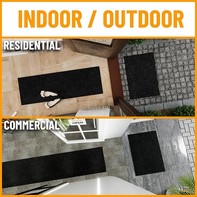 Ottomanson 2' x 17' Hallway Runner with Scraper Pile Extra Durable Non-Slip Rug Mat for Indoor & Outdoor Use - Ideal for Kitchen, Entryway, Patio & Garage - High-Traffic Carpet, Black
