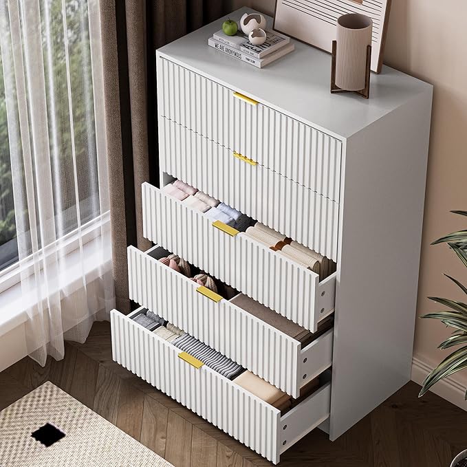 3-Piece Dresser Bedroom Set, 5 Drawer Dresser & 2 Drawer Nightstands with Gold Handles, Fluted Wood Chest of Drawers for Bedroom, Living Room, Entryway, White