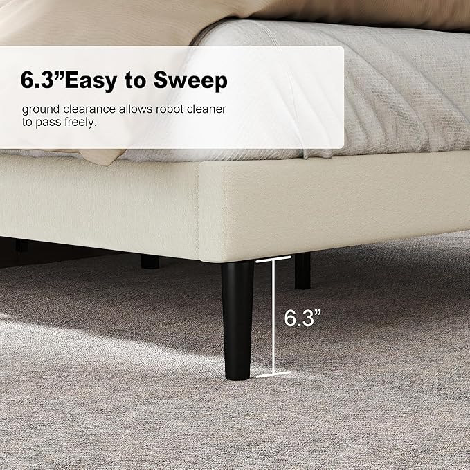 King Size Bed Frame with Fabric Upholstered Headboard, Platform Bed with Wooden Slats Support, Fully Mattress Foundation, Box Spring Optional, Easy Assembly