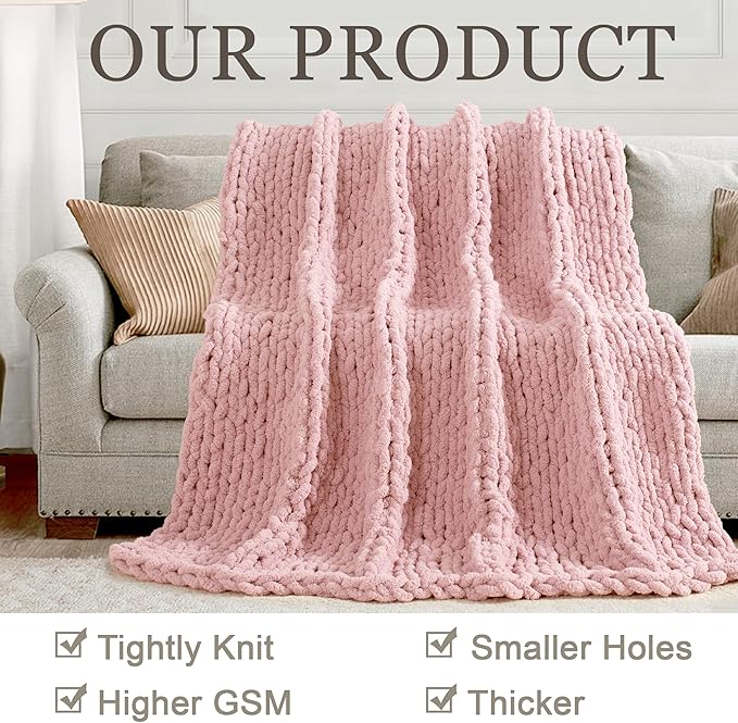 Chunky Knit Throw Blanket 60"X 80", 100% Handmade with Soft Chenille Yarn, 4.4lbs Thick Cable Knitted Blankets, Large Rope Knot Crochet Throws for Couch Sofa Bed Home Decor, Dusty Pink