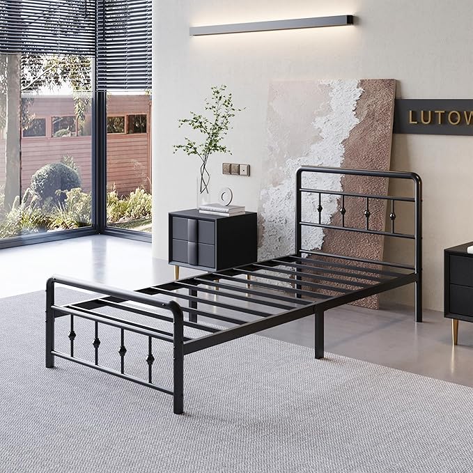 12 Inch Twin XL Bed Frames with Victorian Vintage Headboard and Footboard, No Box Spring Needed, Heavy Duty Metal Mattress Foundation, Noise Free, Easy Assembly, Black