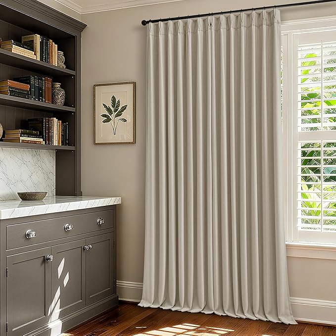 102 Inch Blackout Linen Pleated Curtains for Bedroom Living Room Darkening Pinch Pleat 100% Black Out Thermal Insulated Window Drapes Double Layer Oatmeal Beige 102 Inches Long Curtains 2 Panels Set