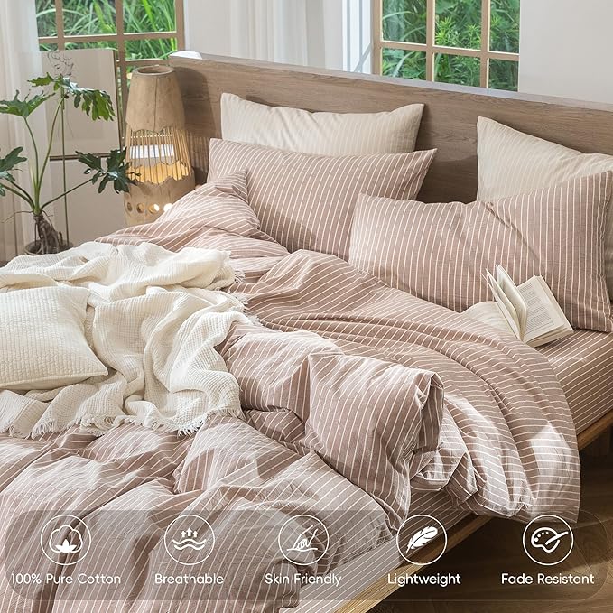 MooMee Striped Duvet Cover Set 100% Washed Cotton Linen Like Textured Breathable Durable Soft Comfy (Orange White Wide Stripes, Cal King 104"x98")