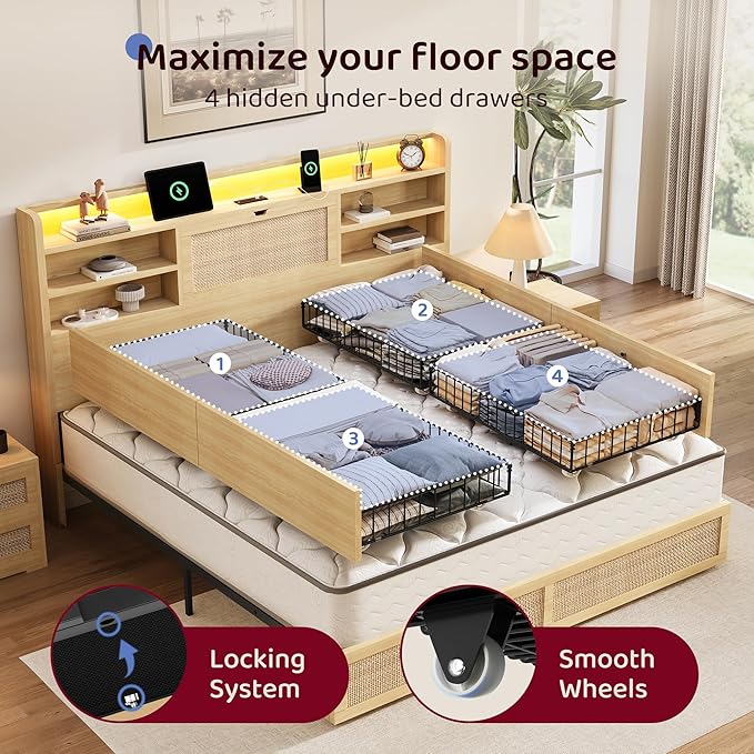 Queen Size Rattan Bed Frame with 4 Storage Drawers and Hidden Storage Headboard Wooden Platform Bed Frame with LED Lights and Charging Station, No Box Spring Needed, Easy Assembly, Natural