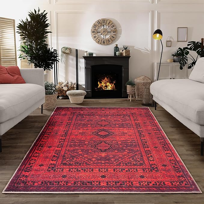 Bloom Rugs Washable Non-Slip 2' x 3' Rug - Red Traditional Bordered Area Rug for Living Room, Bedroom, Dining Room, and Kitchen - Exact Size: 2' x 3'