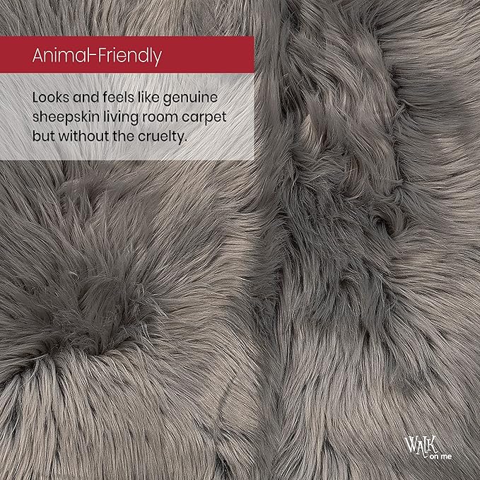 Walk on Me Silky Soft Faux Fur Area Rug, 3 ft. x 5 ft. Gray Fluffy Sheepskin for Living Room, Bedroom, Kid's Room, or Nursery, Home Decor Accent with Non-Slip Backing, Machine Washable