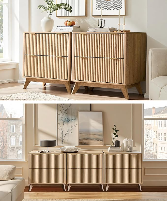 T4TREAM Fluted Night Stand Set 2, 30" Tall Bedside Table with 2 Drawers & Large Tabletop, Modern Wood Side Tables Bedroom, End Table for Living Room, Natural Oak