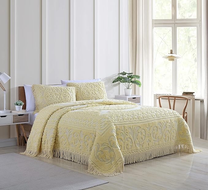 Beatrice Home Fashions Medallion Chenille Bedspread, King Sham, Yellow
