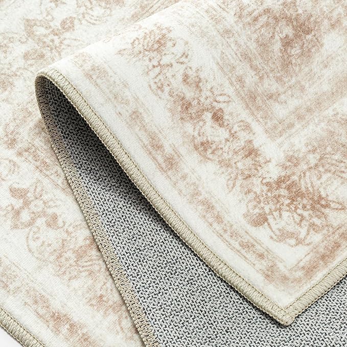 Area Rug 3x5 Cream Washable Office Entryway Vintage Medallion Beige Carpet Non Slip Retro Indoor Mat Low Pile Soft Distressed Small Rug for Bedroom Kitchen Laundry Dining Room