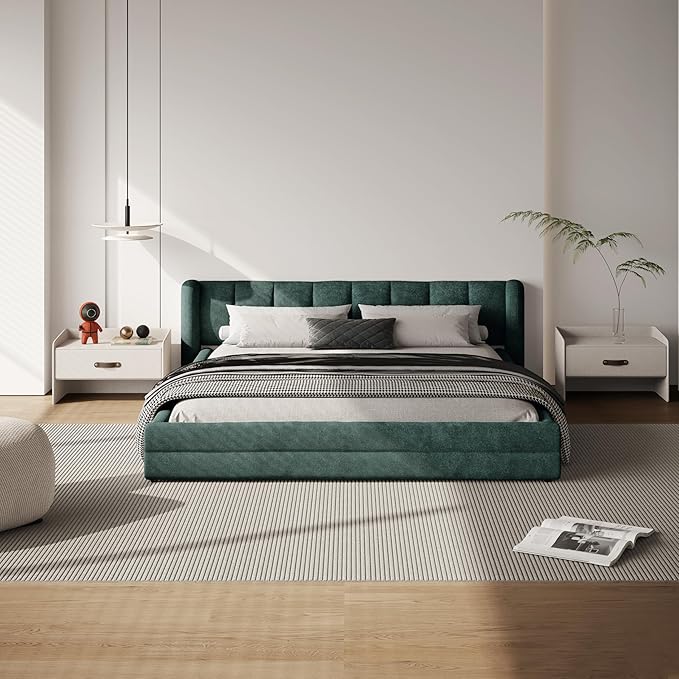 DEINPPA Queen Size Bed Frame with Cloud Soft Headboard, Chenille Upholstered Grounded Wood Base Bed Frame, No Box Spring Needed-Blue+Green