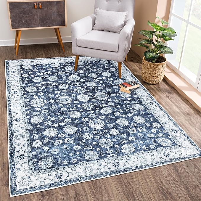 Bloom Rugs Washable Non-Slip 5' x 7' Rug - Dark Blue Traditional Bordered Area Rug for Living Room, Bedroom, Dining Room, and Kitchen - Exact Size: 5' x 7'