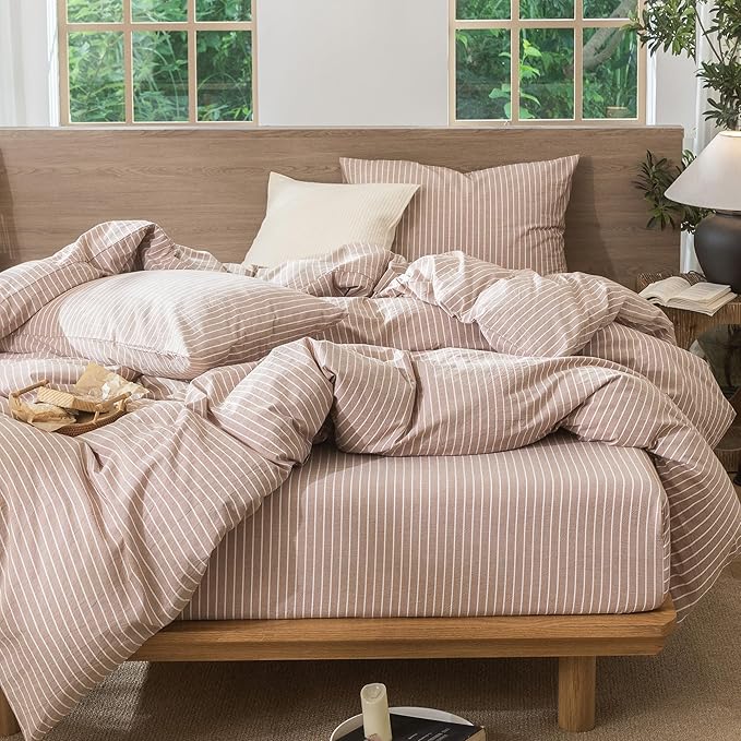 MooMee Striped Duvet Cover Set 100% Washed Cotton Linen Like Textured Breathable Durable Soft Comfy (Orange White Wide Stripes, Palatial King/Oversized King 120"x98")