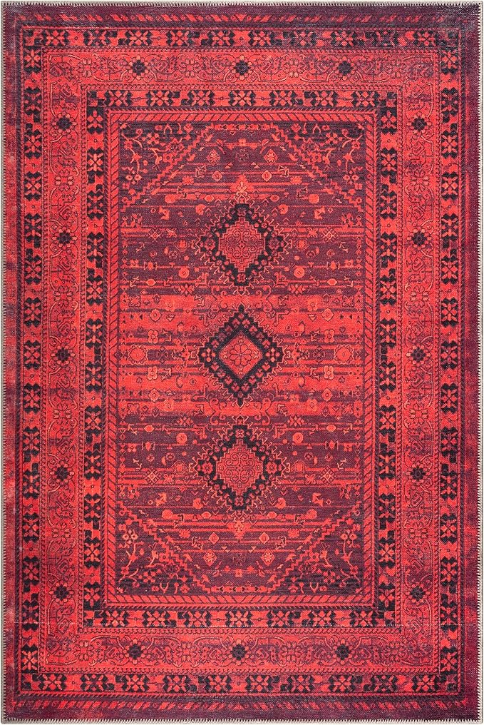 Bloom Rugs Washable Non-Slip 2' x 3' Rug - Red Traditional Bordered Area Rug for Living Room, Bedroom, Dining Room, and Kitchen - Exact Size: 2' x 3'