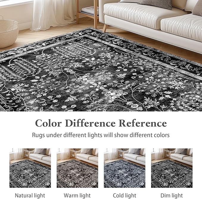 8x10 Area Rugs, Machine Washable Rugs for Living Room Modern Abstract Rug Soft Non-Skid Thin Carpet Indoor Floor Non-Shedding Carpets for Bedroom | Black