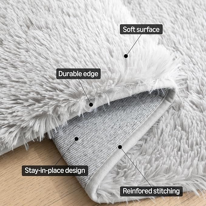 Amazon Basics Fluffy Washable Round Area Rug, Circle Shaggy Carpet for Living Room, Bedroom, Nursery, 5'R, Gray