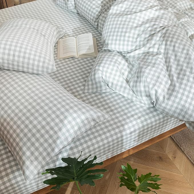 MooMee Gingham Duvet Cover Set 100% Washed Cotton Linen Like Textured Breathable Durable Soft Comfy Modern Checkered Design (Northern Droplet Grey Gingham, Full 80"x90")