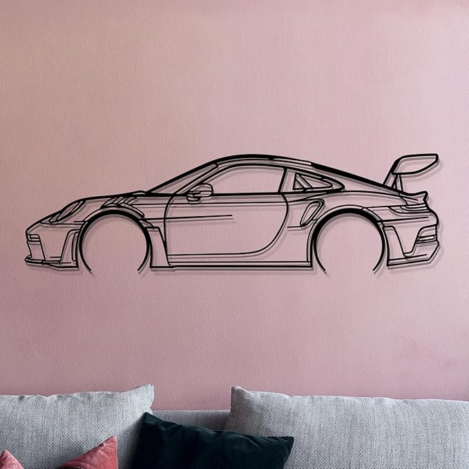 Dekory Car Wall Art – 911 GT3 RS (992) Black Metal Sports Car Silhouette, Modern Industrial Automotive Wall Decor for Garage, Living Room or Bedroom – 32 Inch (M)