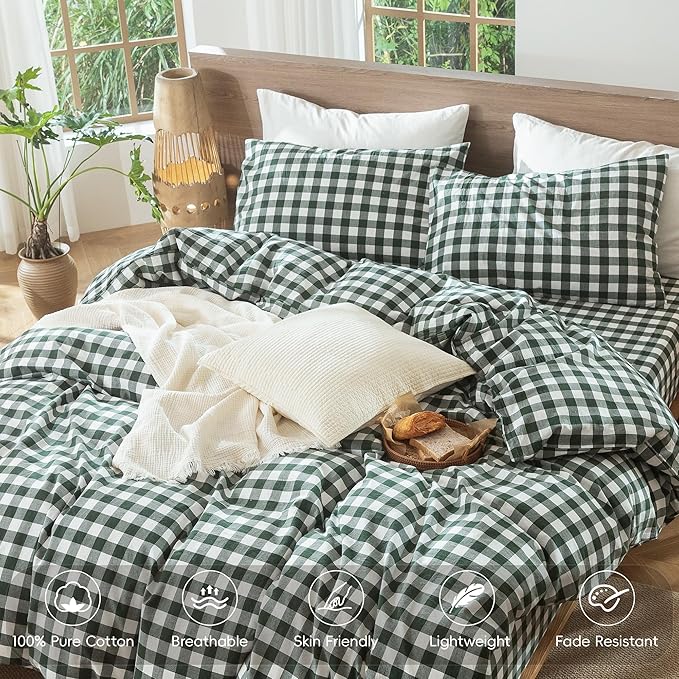 MooMee Gingham Duvet Cover Set 100% Washed Cotton Linen Like Textured Breathable Durable Soft Comfy Modern Checkered Design (Buffalo Plaid Forest Green, Cal King 104"x98")